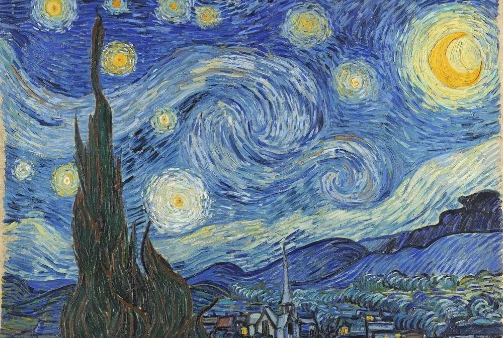 Bức tranh “Starry Night” của họa sĩ nổi tiếng Vincent van Gogh, bầu trời đêm đầy sao đầy cảm xúc.